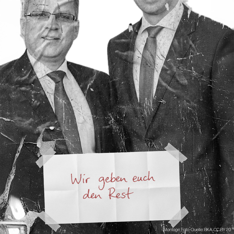 Fotomontage (Look: altes Plakat in Schwarz-Weiß) mit August Wöginger und Text dazu: Wir geben euch den Rest.